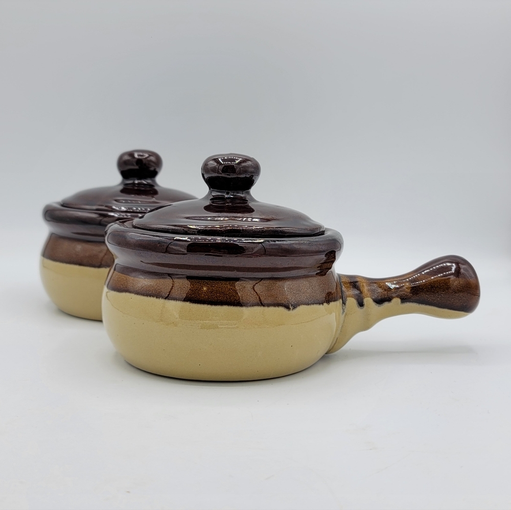 Brown Drip Glaze Stoneware Soup Crocks with Handles & Lids Set 70s 80s Vintage